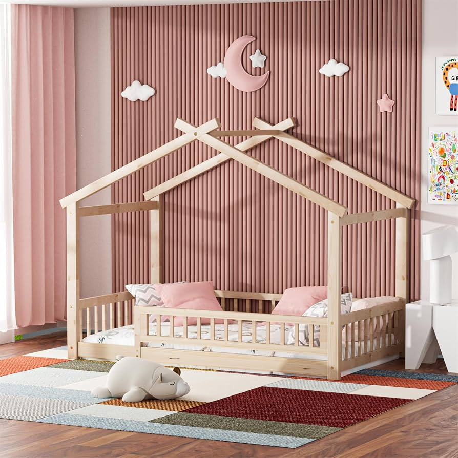 LLS Twin House Bed with Fence, Wooden Montessori Bed with Slats Support, Floor Bed Frame for Boys... | Amazon (US)