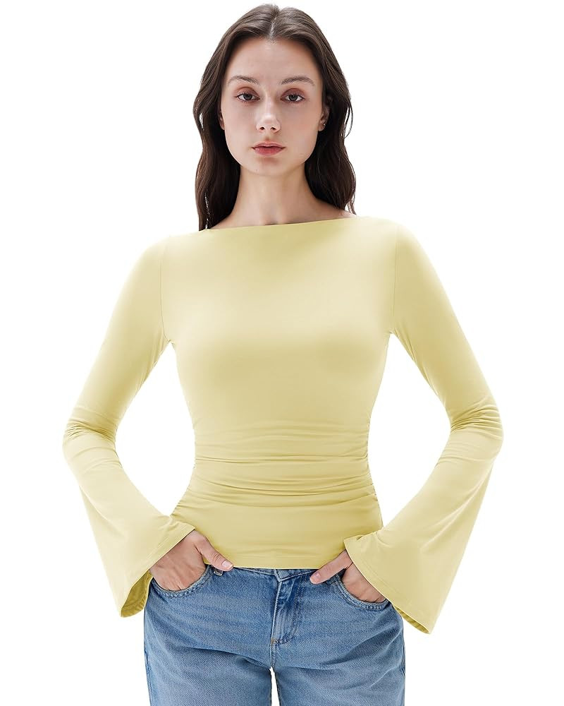 SUUKSESS Women Crew Neck Bell Sleeve Tops Double Lined Going Out Fitted Basic T Shirts | Amazon (US)