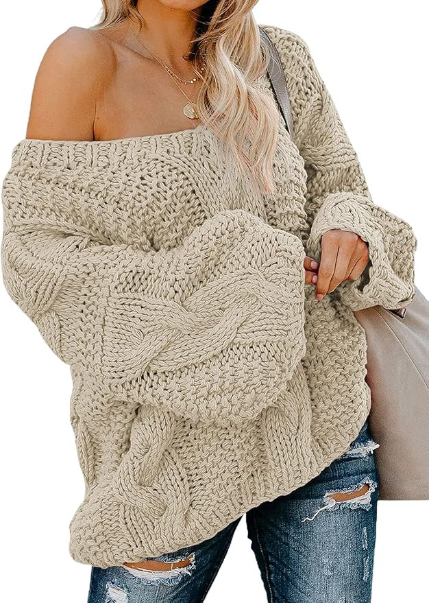 ROSKIKI Women's Casual Oversized Loose Long Sleeve Pullover Tops Bubblegum V-Neck Braided Knit Sw... | Amazon (US)