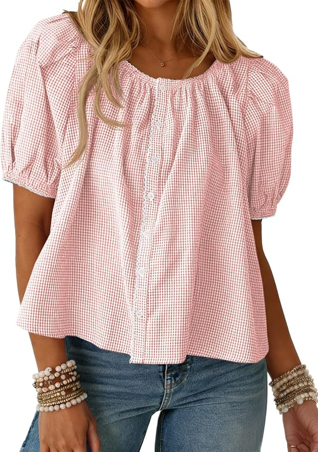 Tankaneo Womens Puff Sleeve Gingham Blouse Summer Plaid Crew Neck Cute Tops Trendy Casual Button ... | Amazon (US)