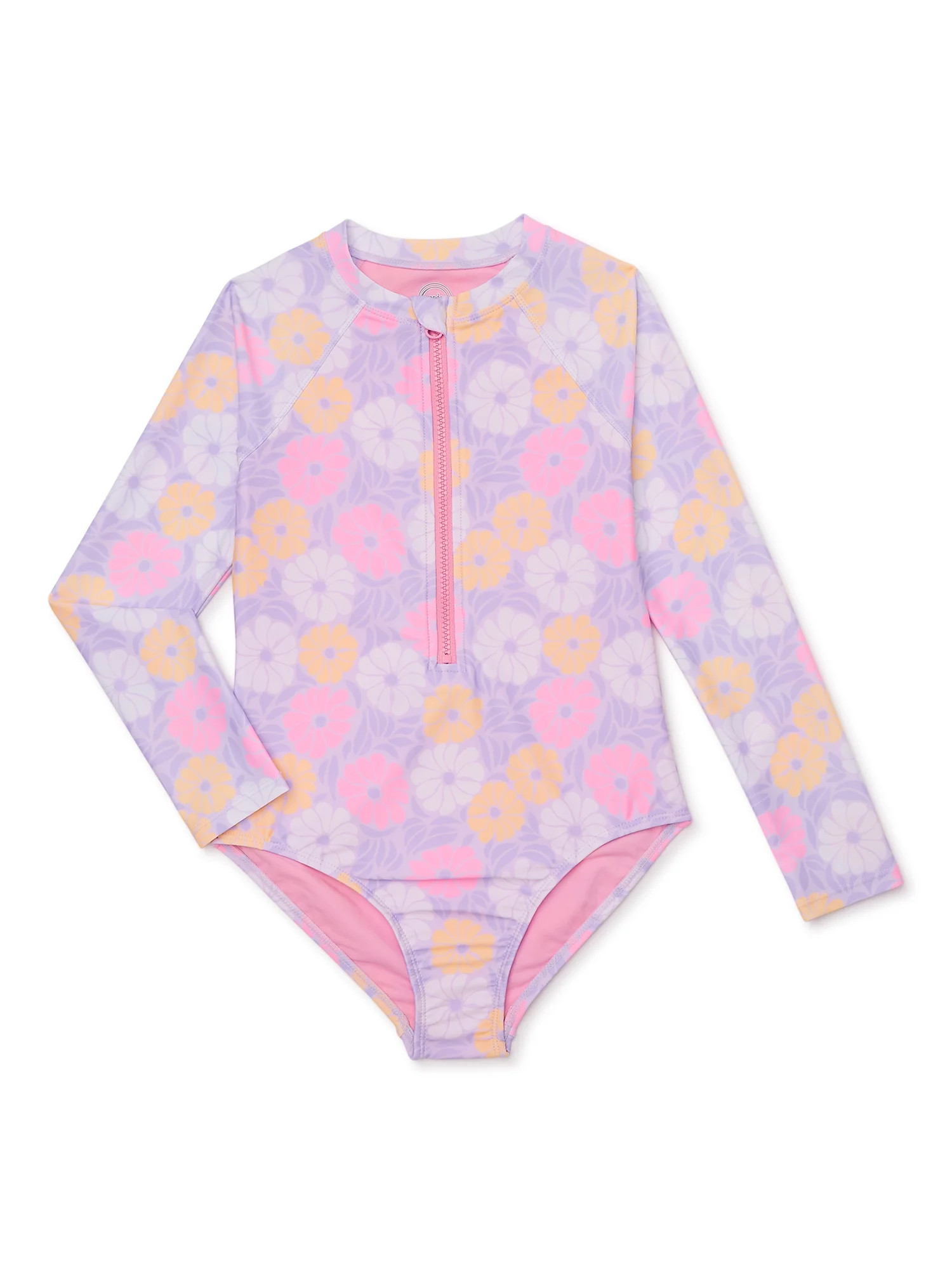 Wonder Nation Girls Zip-Up Rashguard One-Piece Swimsuit with UPF 50, Sizes 4-18 & Plus | Walmart (US)