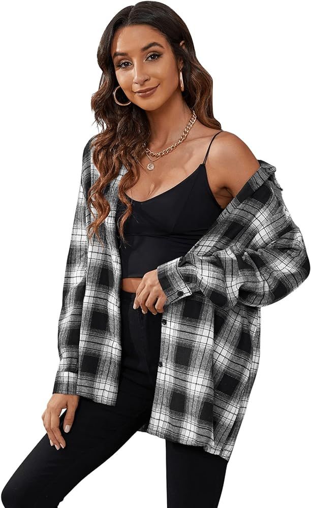 SweatyRocks Women's Plaid Button Front Long Sleeve High Low Shirt Blouse Top | Amazon (US)