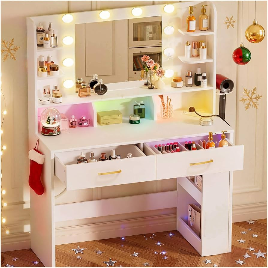 COMHOMA Vanity Desk with Lighted Mirror and Power Outlet, RGB LED Lights Makeup Vanity Set for Gi... | Amazon (US)