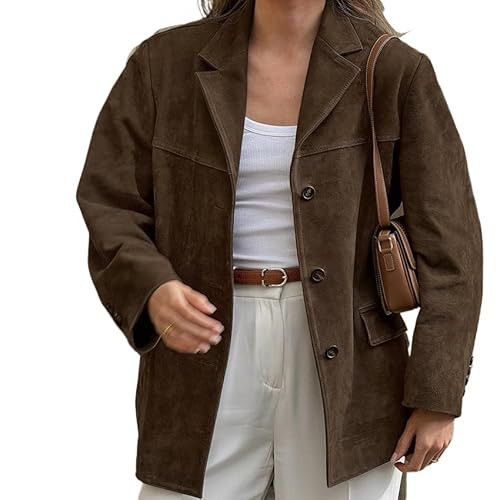 Womens Vintage Suede Jacket Coquette Oversized Faux Leather Jackets Old Money Aesthetic Motorcycle Coats Fall Outfits (Brown,Small) | Amazon (US)