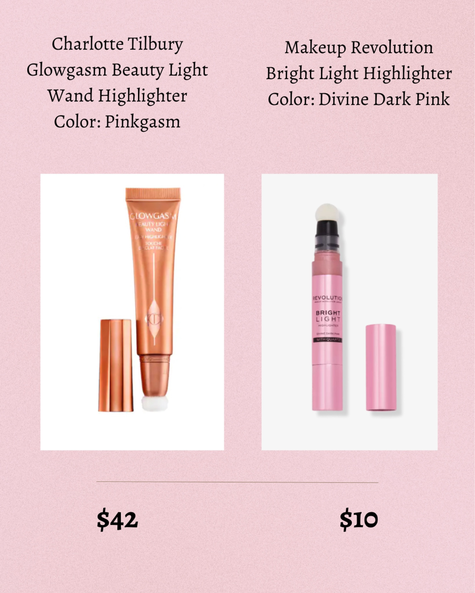 
The famous Charlotte Tilbury Glowgasm Beauty Light Wand Highlighter (Color: Pinkgasm) 
This cream highlighter provides a beautiful, rosy pink flush that's perfect for any special occasion. The high-pigment formula will leave you glowing for hours with a flawless finish. With one swipe, you'll be able to add a kiss of color to your cheeks and face, and you'll be sure to make a striking statement! But when this expensive option comes in at $42.00, you can get almost identical using the Makeup Revolution Bright Light Highlighter in color divine dark pink for only $10.00. 


#LTKstyletip #LTKbeauty