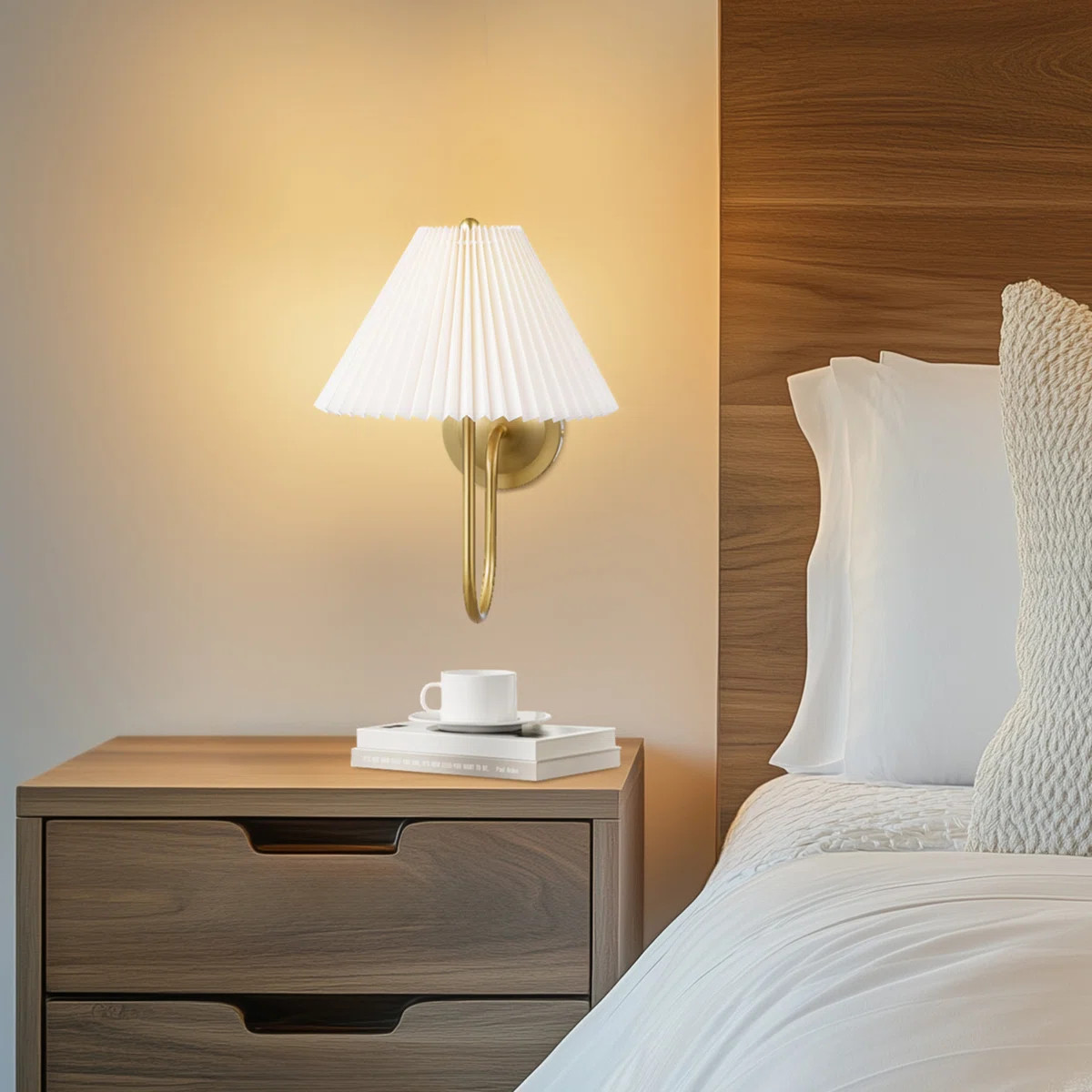 Novogratz X Globe 1-Light Plug-In Or Hardwire Wall Sconce, Matte Brass, Off-White Pleated Fabric ... | Wayfair North America