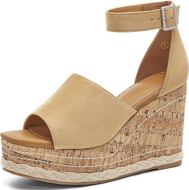 Women's Wedge Platform Espadrille Sandals Braided Open Square Toe Ankle Buckle Strappy Cork Sole ... | Amazon (US)