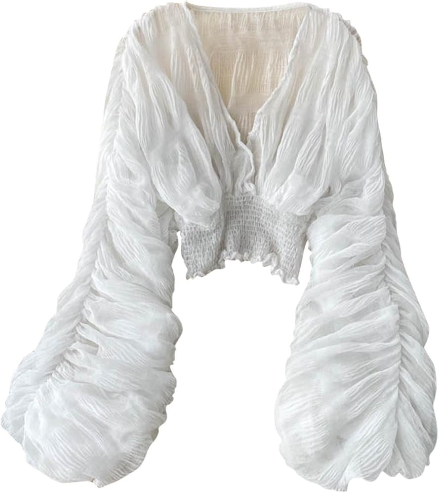 HGps8w Women's Chic Bubble Sleeve Crop Top Sexy V Neck Blouse Summer Elegant Chiffon Going Out Pa... | Amazon (US)