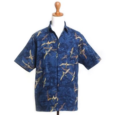 Blue Handmade Men's Woven Cotton Batik Shirt from Bali | NOVICA