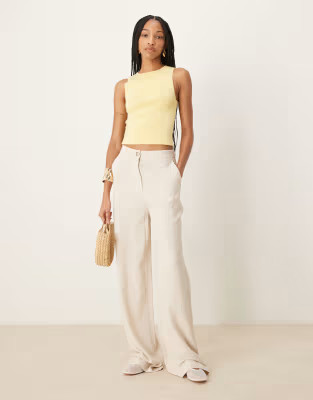 ASOS DESIGN Tall relaxed straight leg trousers with linen in stone | ASOS | ASOS (Global)