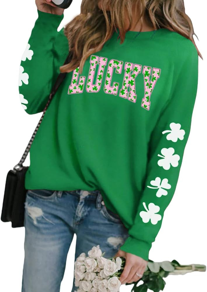 St. Patrick’s Day Sweatshirts for Women, Lightweight Shamrock Clover Graphic Long Sleeve Casual... | Amazon (US)