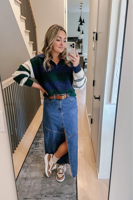 525 Rugby Stripe Polo Sweater - wearing a medium. Very roomy, size down if you’re in between.

Madewell Denim Maxi Skirt - runs big IMO since it’s stretchy and A-line. I would size down if you’re in between because you want it snug through the hips! Under $100.

Target sneakers and leather belt are TTS. Also linking my ruffle socks, great to wear as we sneak into fall!

#LTKxMadewell #LTKfindsunder100 #LTKstyletip