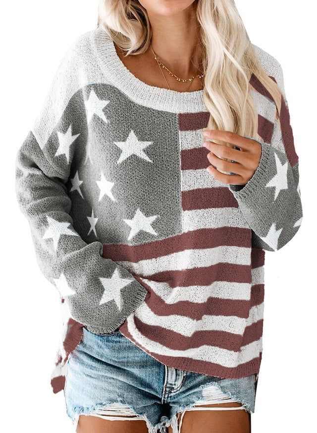 Dokotoo Women's Gray Lightweight Scoop Neck Long Sleeve Star Striped Pullover Sweater Tunic Tops ... | Walmart (US)