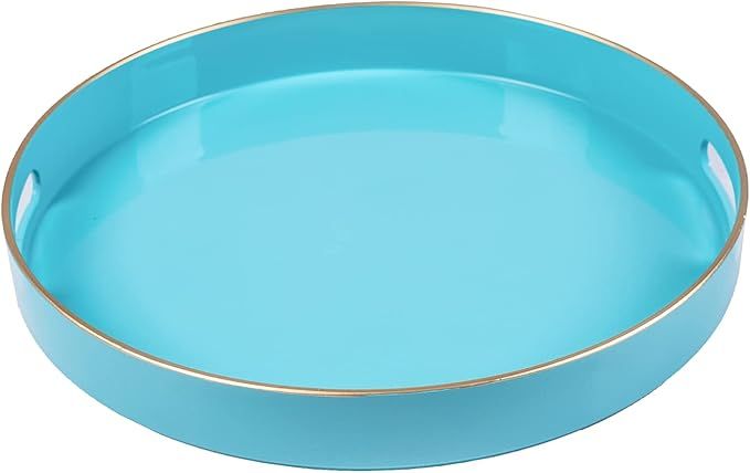 MAONAME Round Blue Decorative Tray for Coffee Table, 13-inch Modern Plastic Tray with Handles, Se... | Amazon (US)