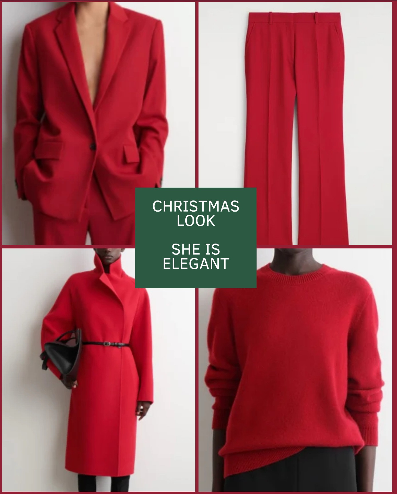 Christmas ❤️red❤️done right. 
Third Christmas look, and she is pure elegance.
A monochromatic red moment that feels powerful, modern, and perfectly festive — grounded with deep emerald accessories that add just enough contrast to make the whole outfit sing.
Classic, confident, and impossible to ignore.
❤️💚Shop the full look on my LTK❤️💚


#LTKSeasonal #LTKHoliday #LTKWedding