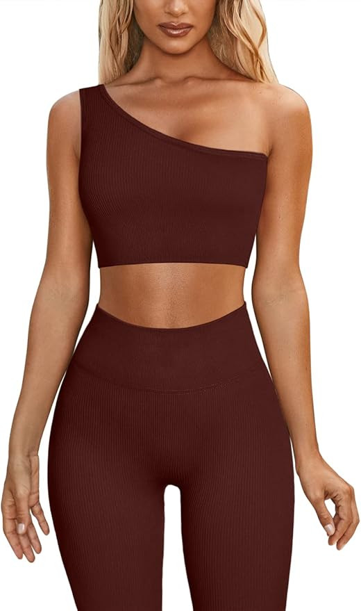 Amazon.com: QINSEN Women 2 Piece Workout Outfits Ribbed One Shoulder Sports Bra Seamless Tummy Co... | Amazon (US)
