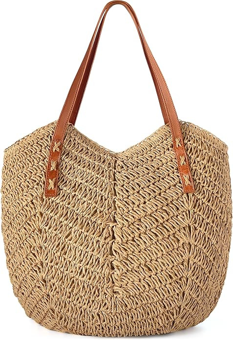 Beach Bags for Women - Straw Bag with Zipper, Soft Woven beach bag, Casual Straw Shoulder Bag for... | Amazon (US)