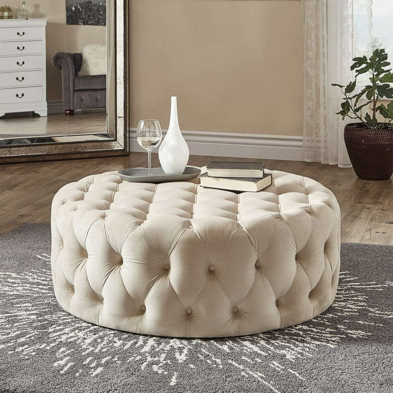 Weston Home Bowman Velvet Round Button Tufted Ottoman with Casters, Beige - Walmart.com | Walmart (US)