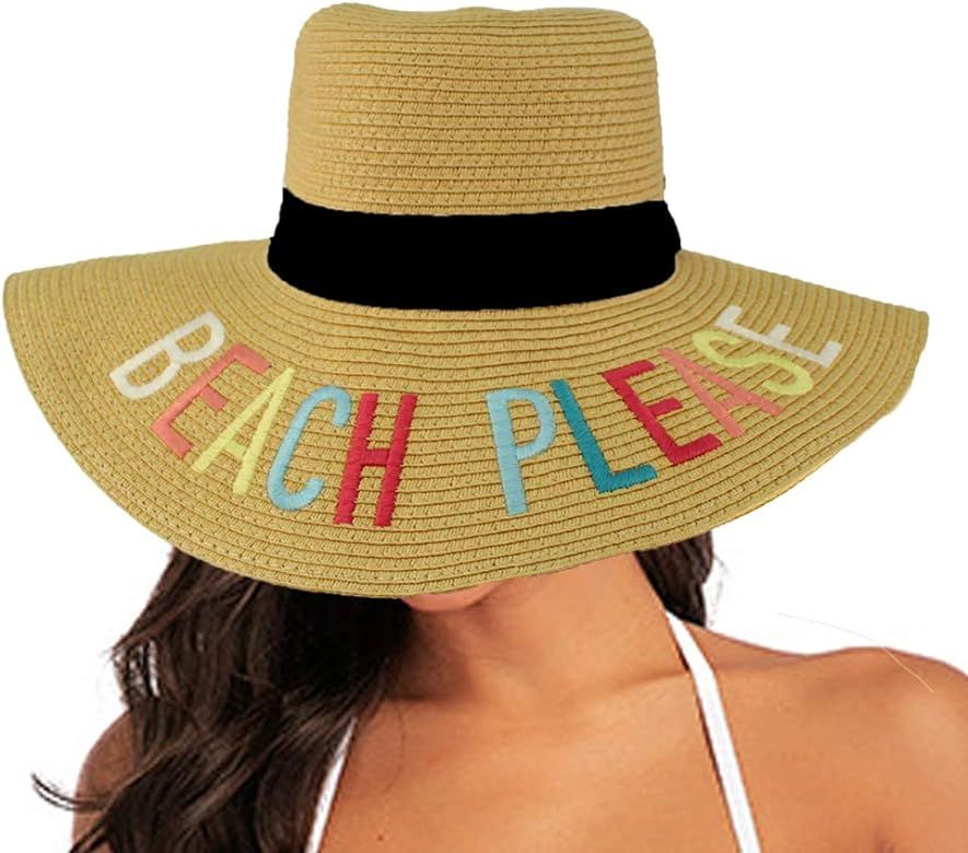 Women Bridesmaid Embroidered Adjustable Straw Beach Floppy Sun Hat | Amazon (US)
