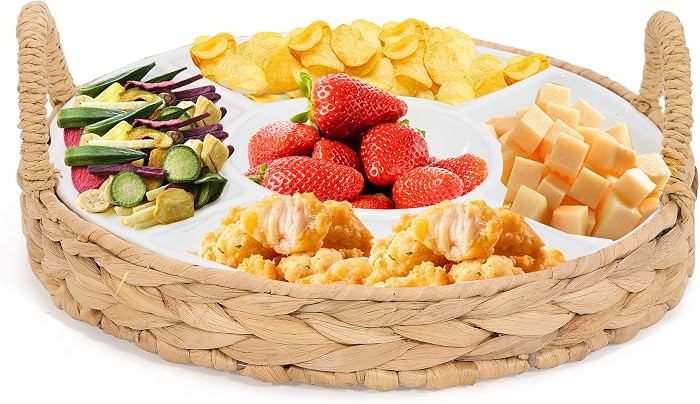 GENMOUS Chips and Dip Serving Tray, 13" Divided Serving Trays for Dips Candy, Water Hyacinth with... | Amazon (US)