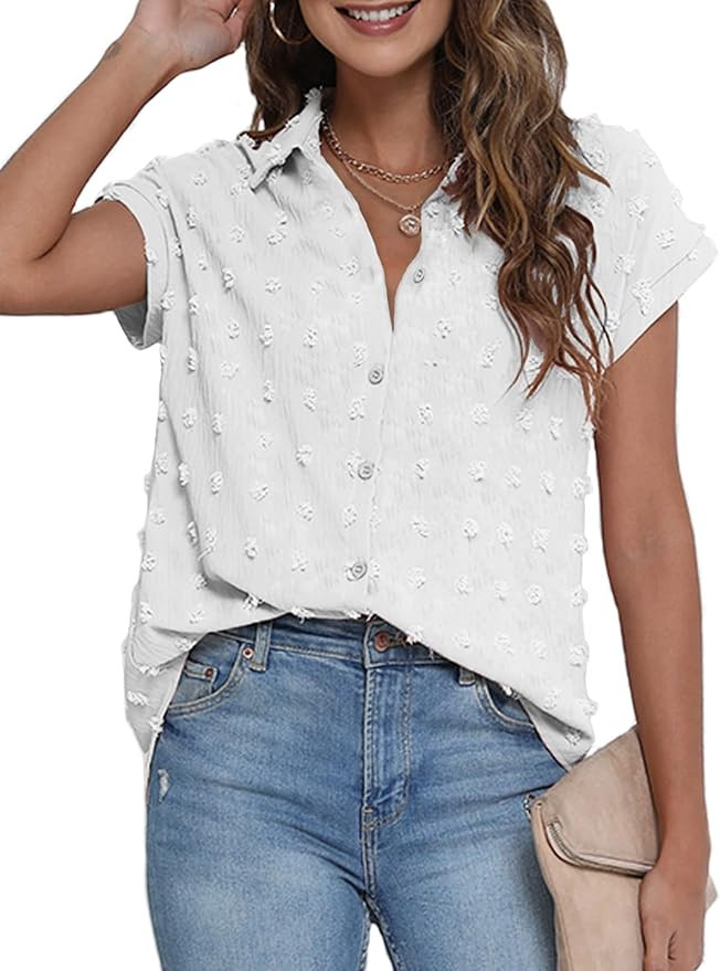 BOTHENIAL Women White Button Down Shirt Dressy Casual Work Tops Chiffon Blouse Summer Short Sleev... | Amazon (US)