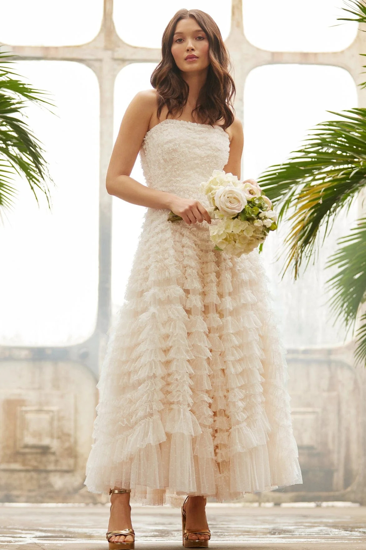 Hattie Ruffle Strapless Ankle Gown | Needle & Thread US