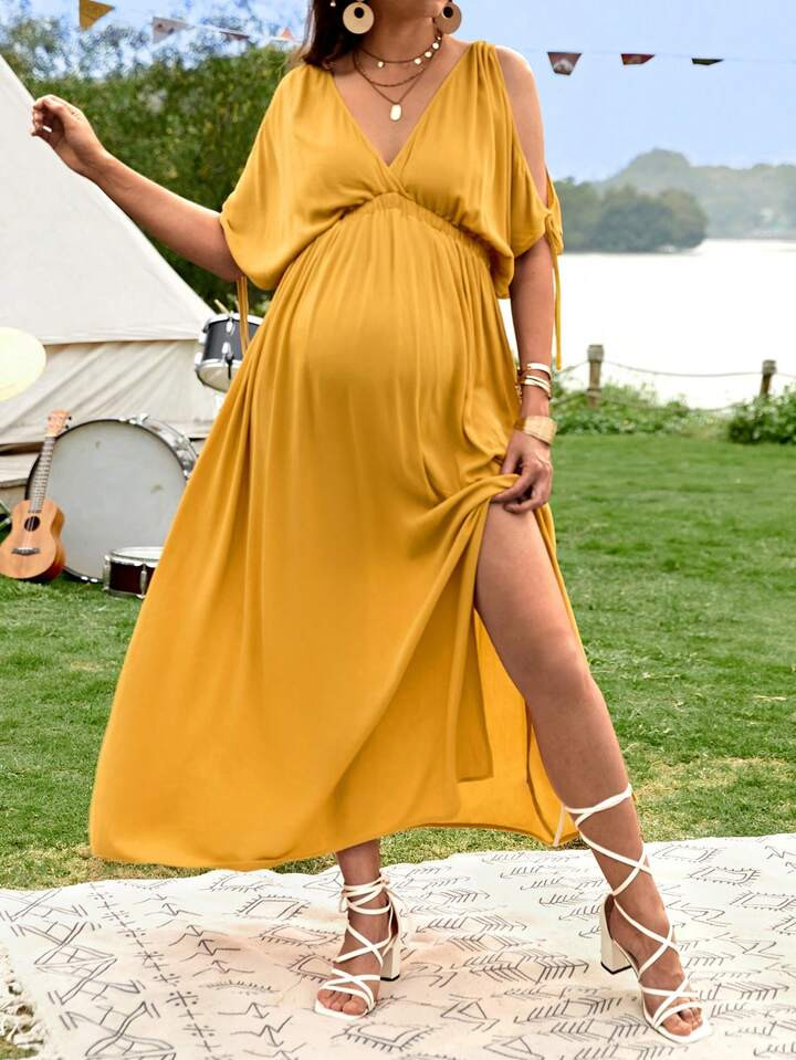 SHEIN Maternity Cold Shoulder Batwing Sleeve Split Thigh Dress | SHEIN