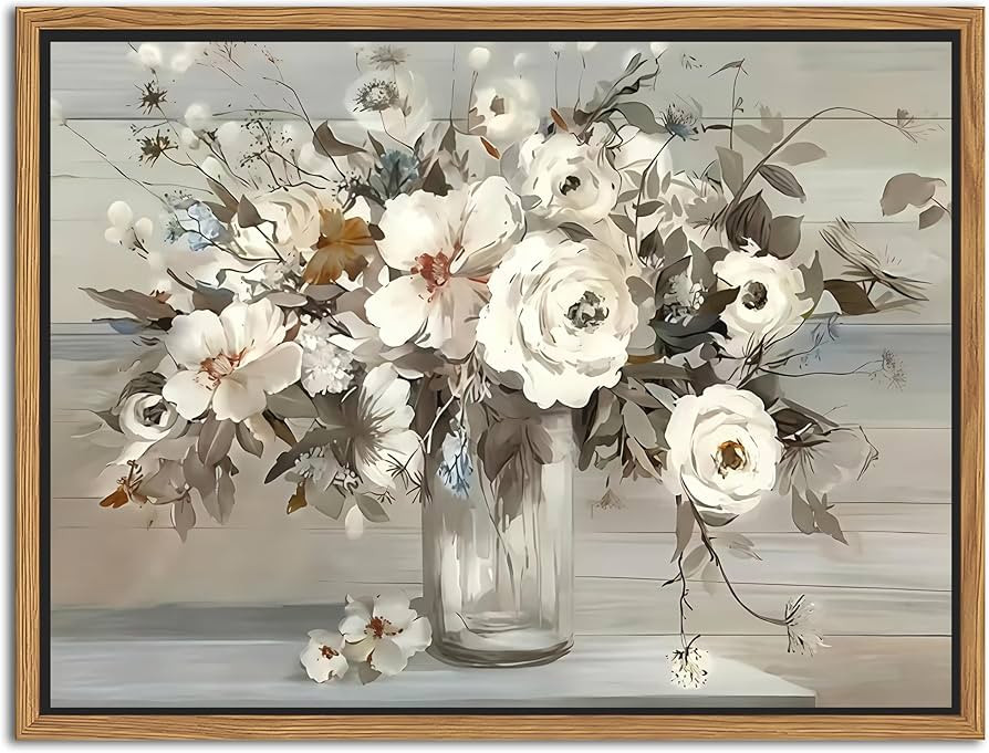 SAMHOU Floating Framed Canvas Wall Art, Vintage White Floral Poster Prints, Nature Plant Picture ... | Amazon (US)