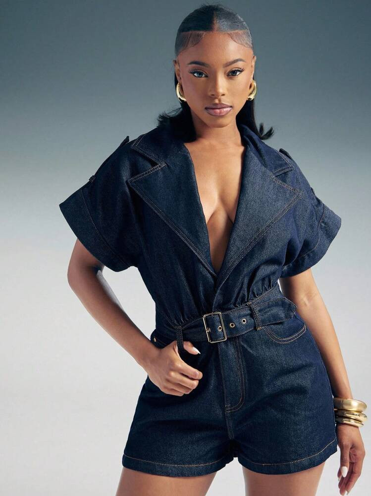 Denimoi Notched Collar V-Neck Rolled Sleeves Belted Denim Romper | SHEIN