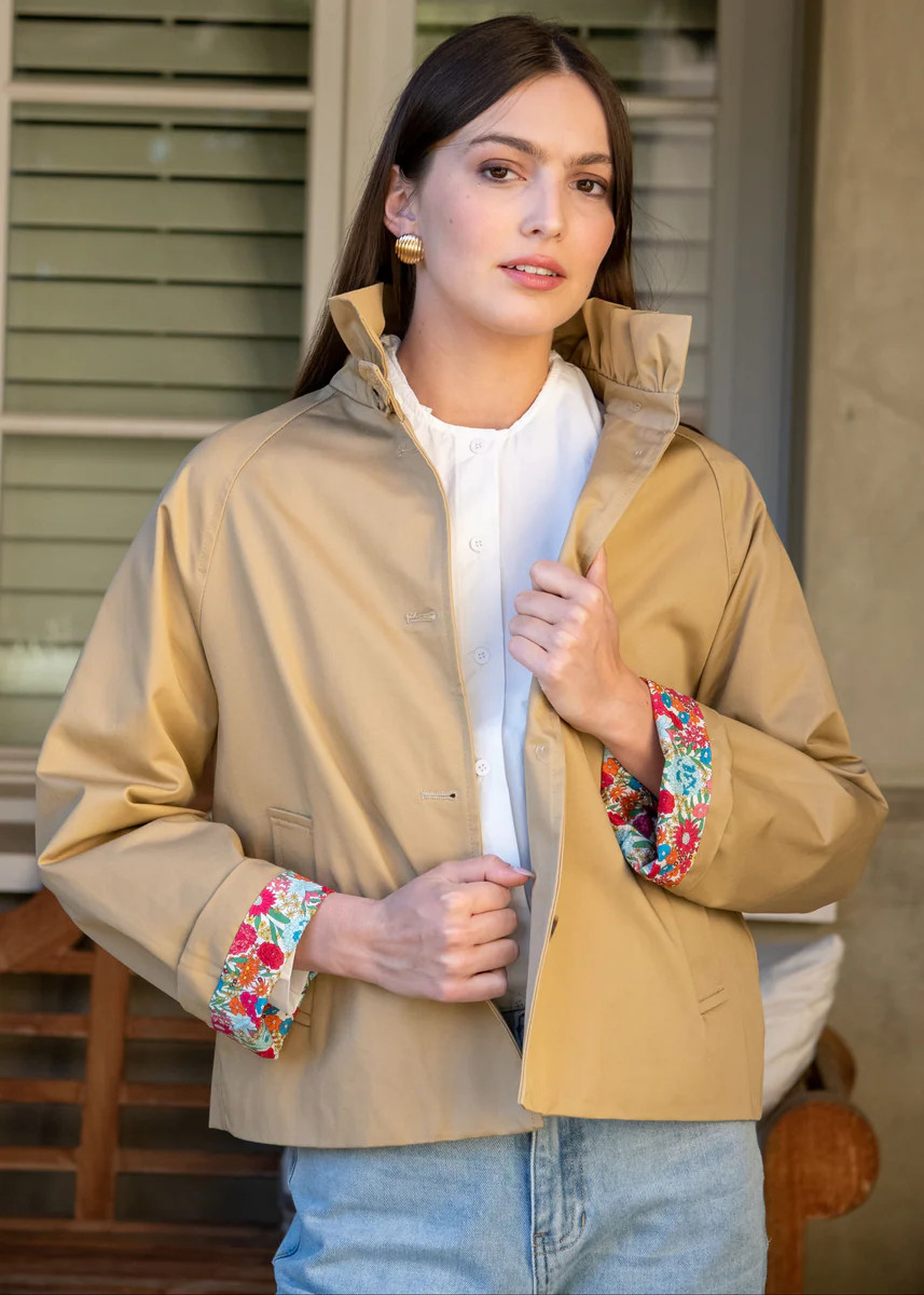 Evangeline Frill Neck Trench Coat With Floral Lining | Benaar La