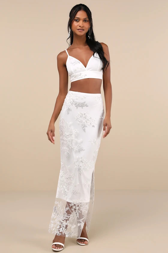 Luminescent Aura White Embroidered Mesh Two-Piece Maxi Dress | Lulus