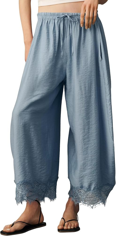 Lviefent Womens Cropped Lace Hem Pants Casual Drawstring Waist Summer Wide Leg Pants Beach Trouse... | Amazon (US)