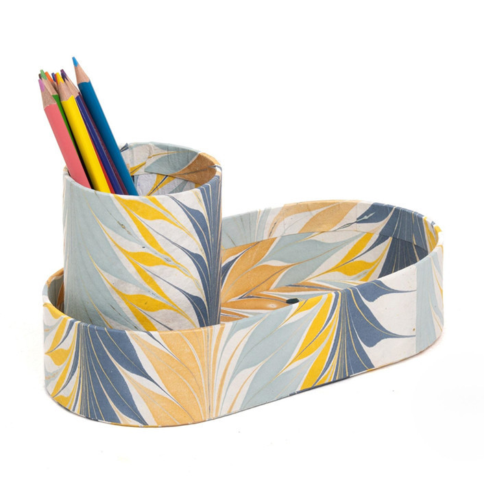 Hand-Marbled Desk Tray & Pencil Holder Organizer In Golden Blue Marbling Decorative Storage | Minted