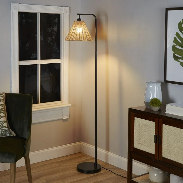 Better Homes & Gardens Black Metal Floor Lamp with Rattan Shade | Walmart (US)