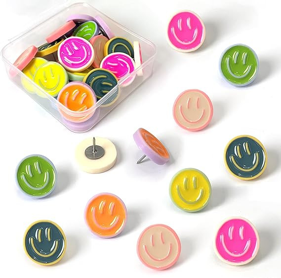 24 Smiley Face Decorative Push Pins, Cute Bulletin Board Push Pins, Thumbtacks for Cork Boards, O... | Amazon (US)