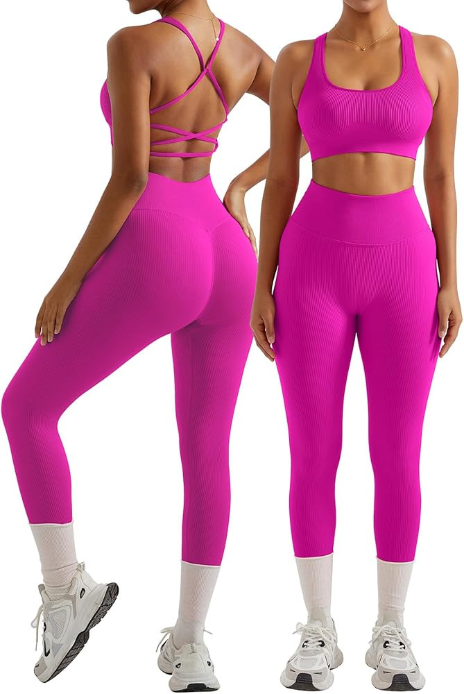 OMKAGI Women Ribbed Workout Sets Seamless Strappy Sport Bra Butt Lifting Leggings Outfits | Amazon (US)
