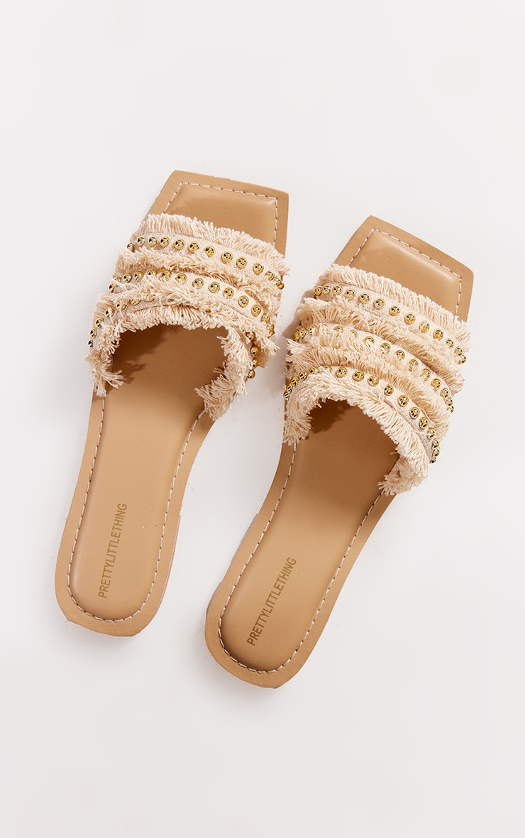 Beige Pu Square Toe Frayed Stud Strap Flat Sandals | PrettyLittleThing US