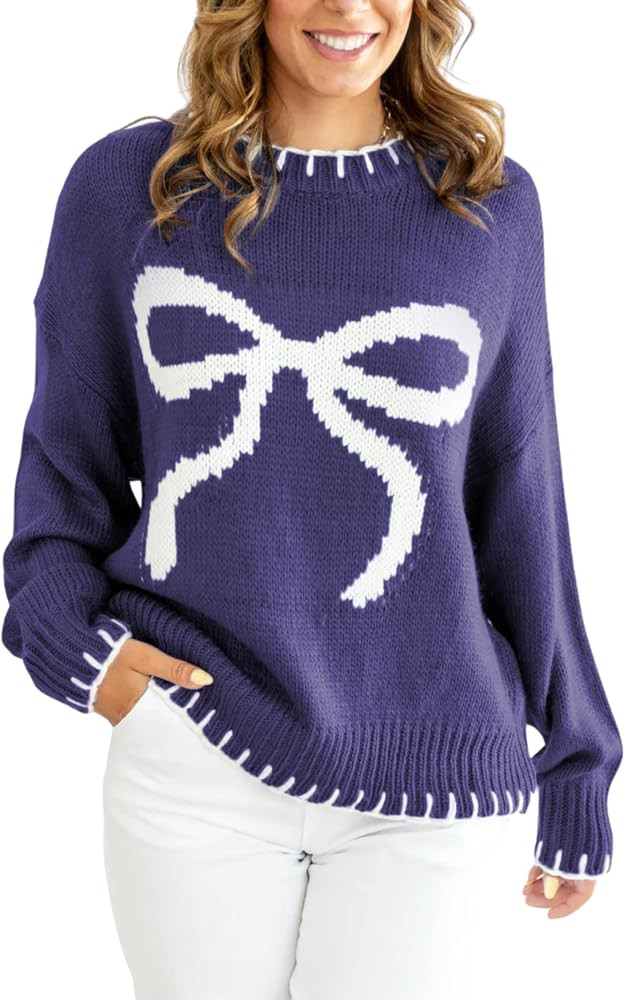 Women Y2K Bow Knit Sweater Crew Neck Long Sleeve Knitted Pullover Oversized Contrast Trim Knitwea... | Amazon (US)