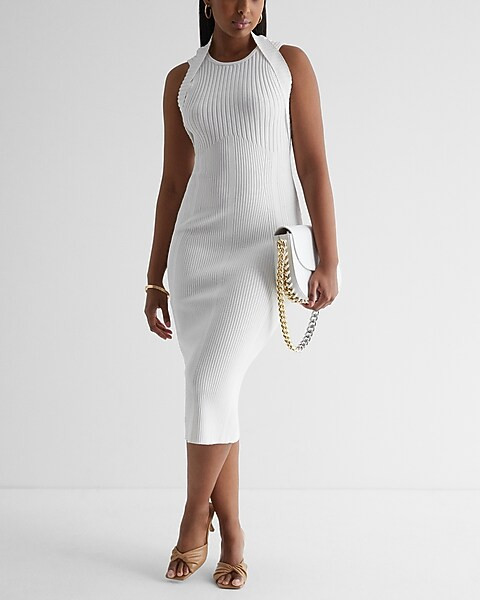 Body Contour Ribbed Crew Neck Open Back Midi Sweater Dress | Express
