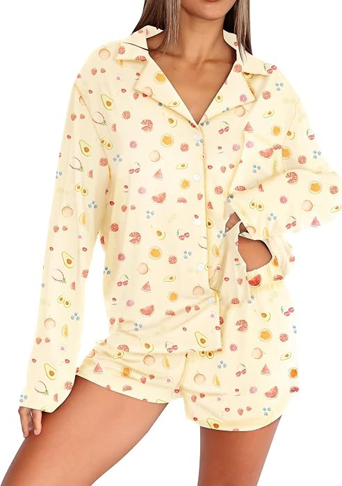 Womens Pajama Sets 2 Piece Shorts Pants Fall Button Up Pjs Set     Fall Long Sleeve Shorts Pajama... | Amazon (US)