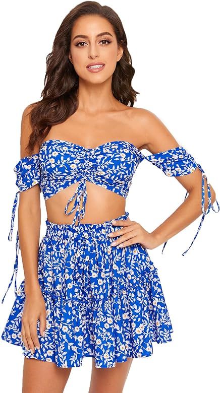 Floerns Women's Two Piece Outfit Floral Off Shoulder Drawstring Crop Top and Skirt Set | Amazon (US)