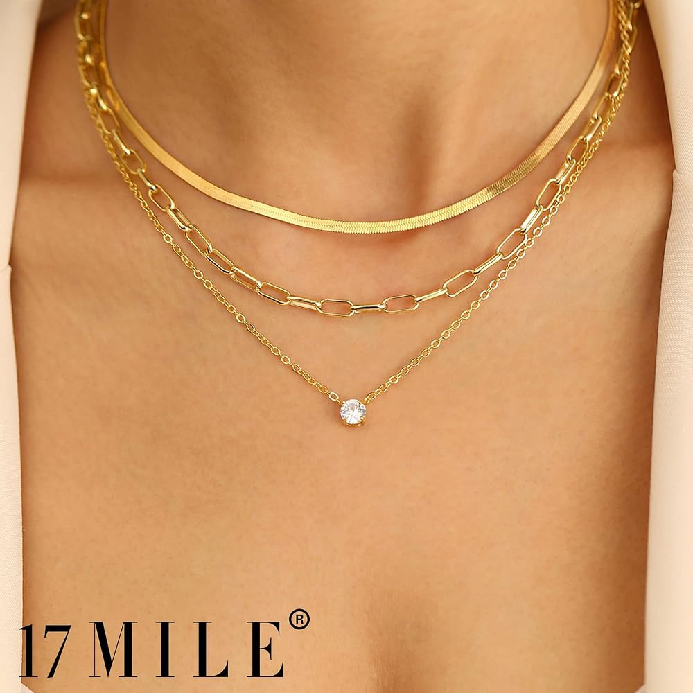 17 MILE Gold Layered Necklace for Women Girls, 14K Real Gold Plated CZ Cross Pendant Necklaces, D... | Amazon (US)