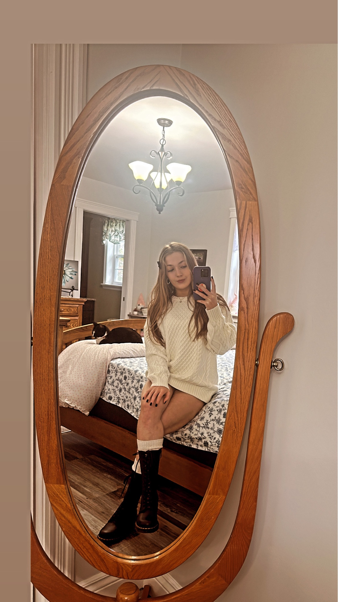 Fall outfits, sweater outfits, sweaters, white knit sweater, fashion, trendy, dr martens, skirt outfits, Jean skirt, Peggy sweater, aritzia, high scrunch socks, high socks