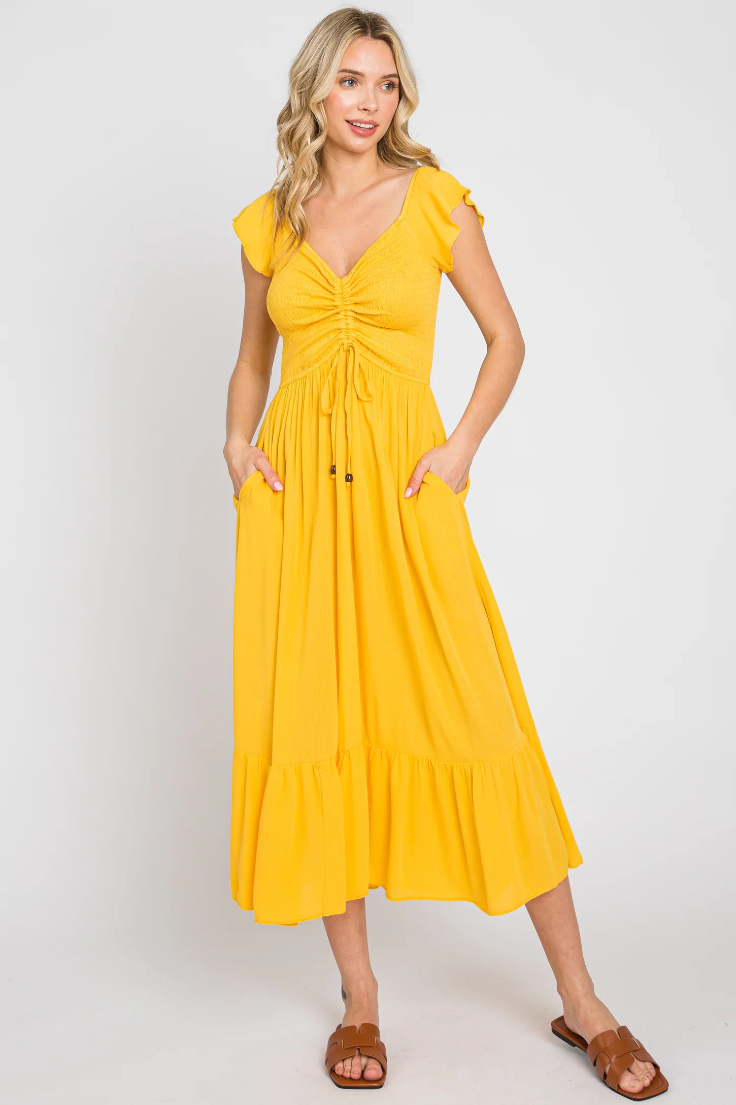 Yellow Smocked Ruched Ruffle Hem Maxi Dress | PinkBlush Maternity