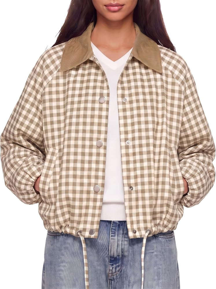 Women's Cropped Jacket Gingham Plaid Corduroy Collar Bomber Jacket | Amazon (US)