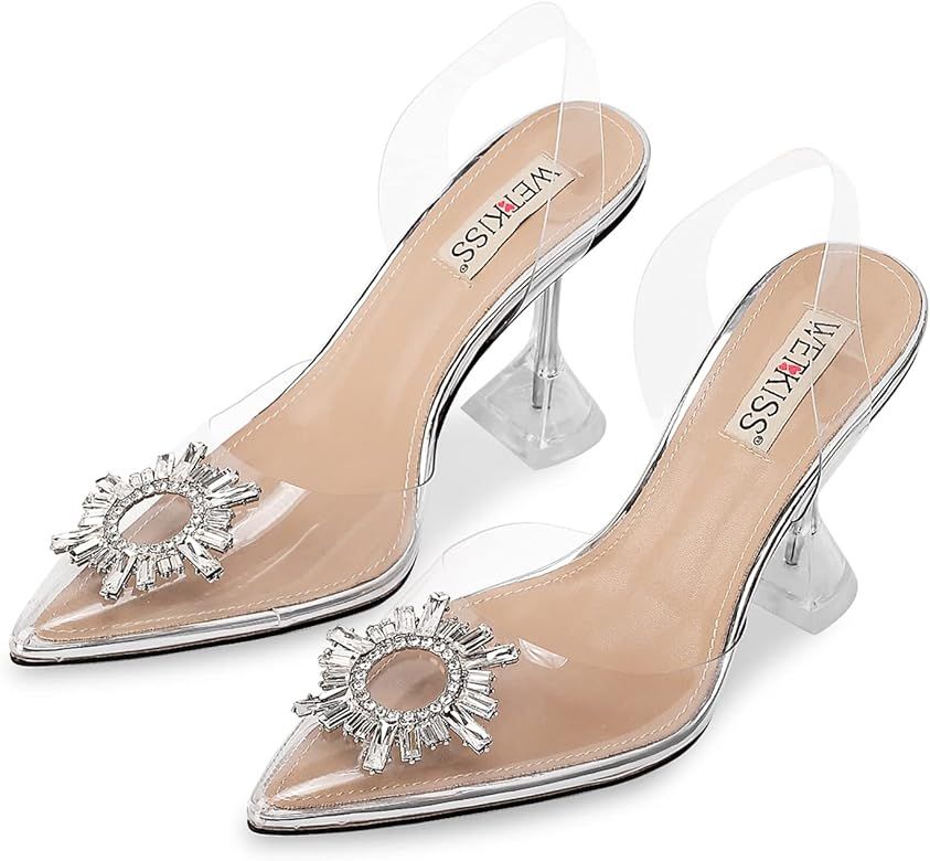 wetkiss Clear Heels Shoes for Women, Crystal Rhinestones Slingback Wedding Shoes Pointed Toe High Heel Sandals | Amazon (US)