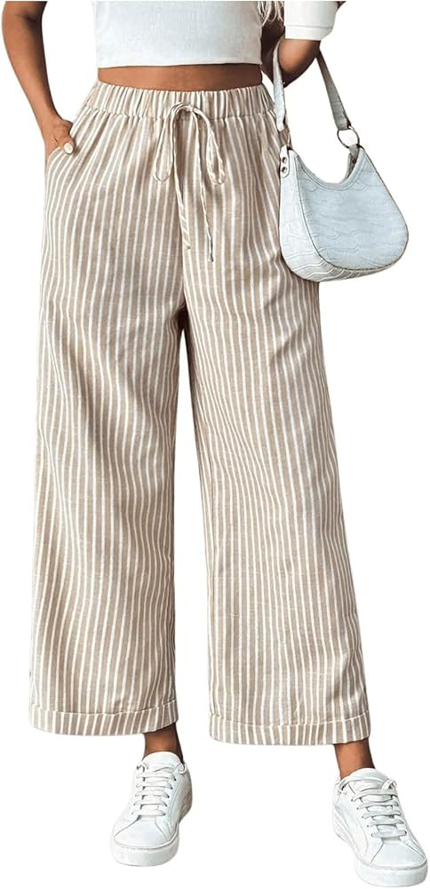 SOLY HUX Women's Striped Pants Tie Front High Waisted Wide Leg Pants with Pockets | Amazon (US)
