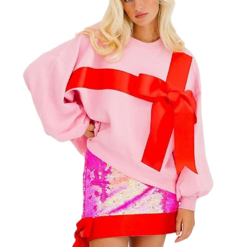 Women Sequin Christmas Sweatshirt Cute Graphic Sparkly Long Sleeve Crew Neck Pullover Y2k Oversiz... | Amazon (US)