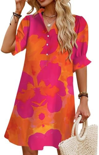 Womens Summer Shirt Dress 2026 Casual Ruffle Short Sleeve Button Down Flowy Swing Shift Mini Dres... | Amazon (US)
