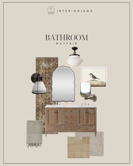 Wayfair bathroom, get the look, large vanity, vintage, like bathroom, design, natural, wood, vanity, vintage wall, sconce, ceiling, light, framed art, art, print, arched mirror, bathroom, mirror, floor, tile, wall tile, towels

#LTKhome #LTKsalealert #LTKstyletip